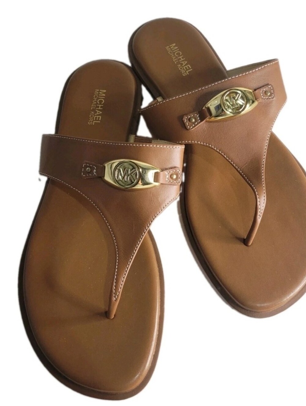 Michael Kors Tilly Thong Sandals Womens Sz 9 Luggage Brown Leather Gold MK Logo